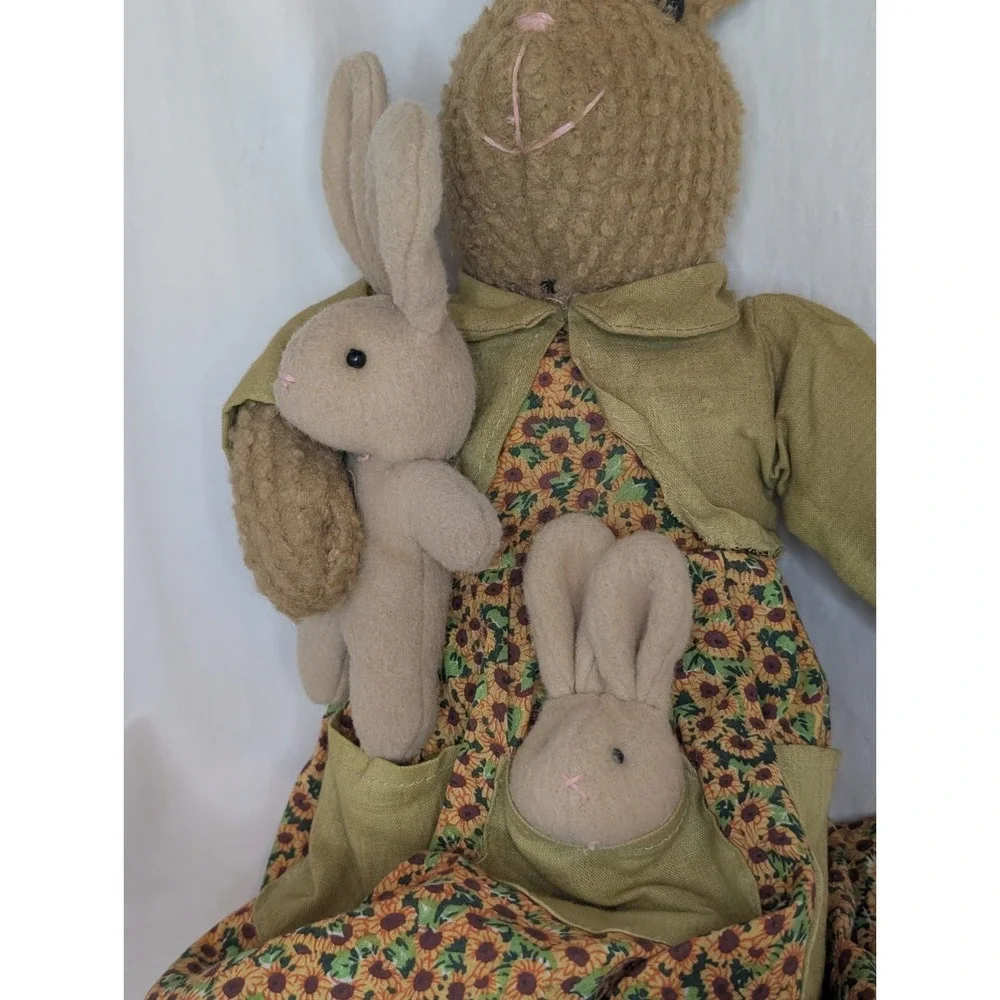 Vintage Long Eared Bunny In Sunflower Dress With‎ Two Bunnies Easter Home Decor